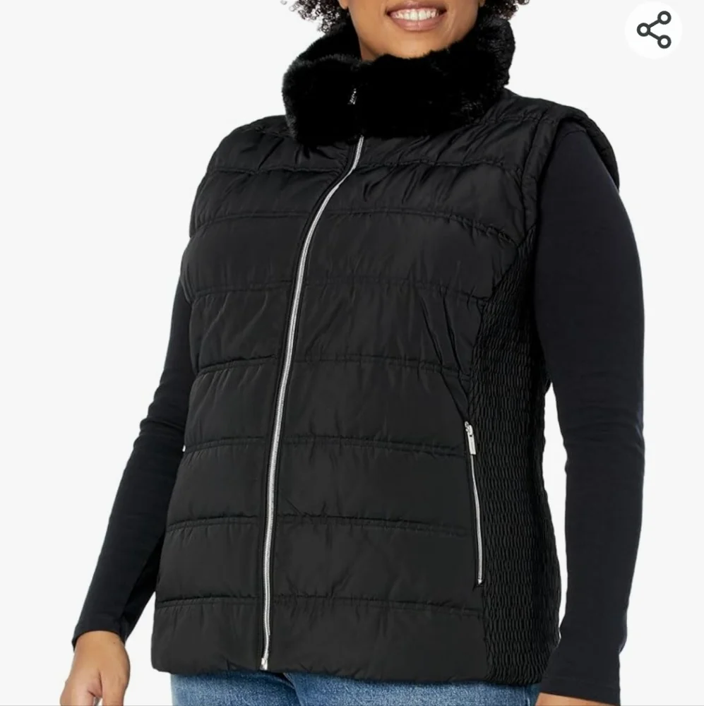 Calvin Klein Quilted Black Fur Collar Vest, Small - Picture 3 of 10